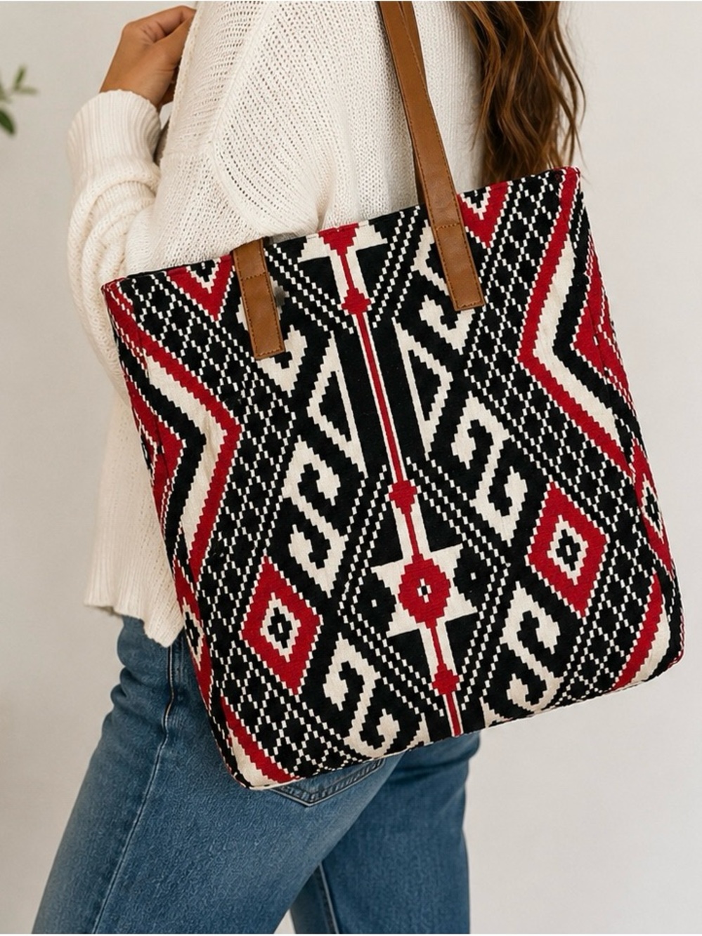 lovestitch Southwestern Aztec Woven Tote Bag Red Black Ivory Shoulder Purse